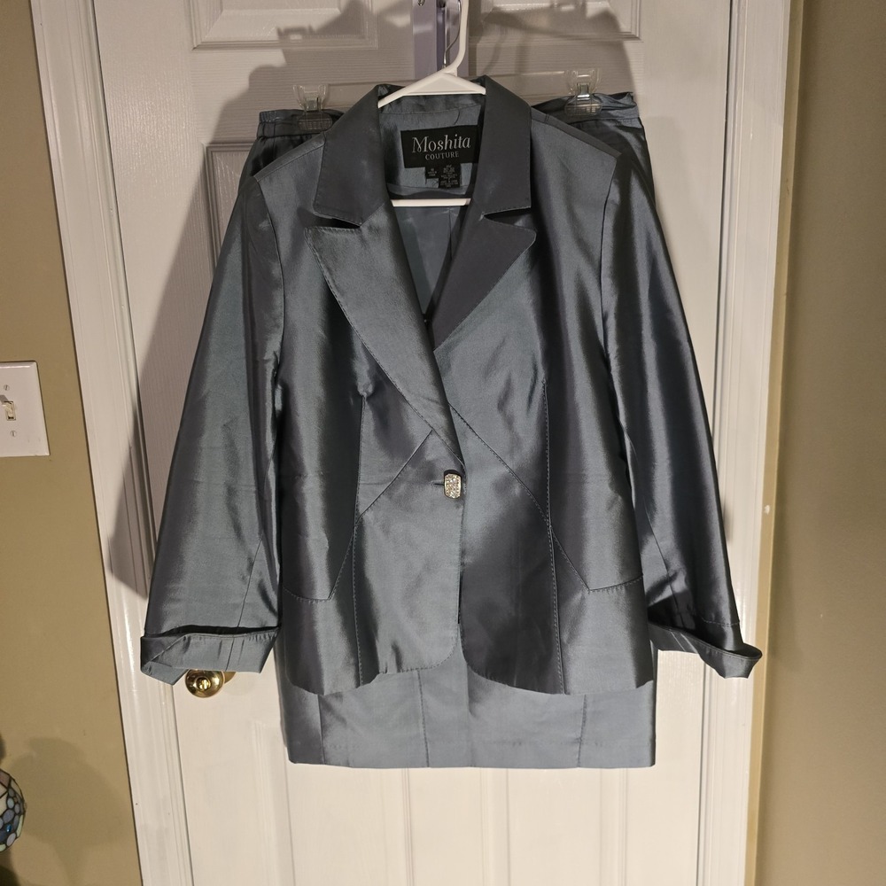 Moshita Couture Silk Wool Skirt Suit Set Blue Grey Rhinestone Button Size 18